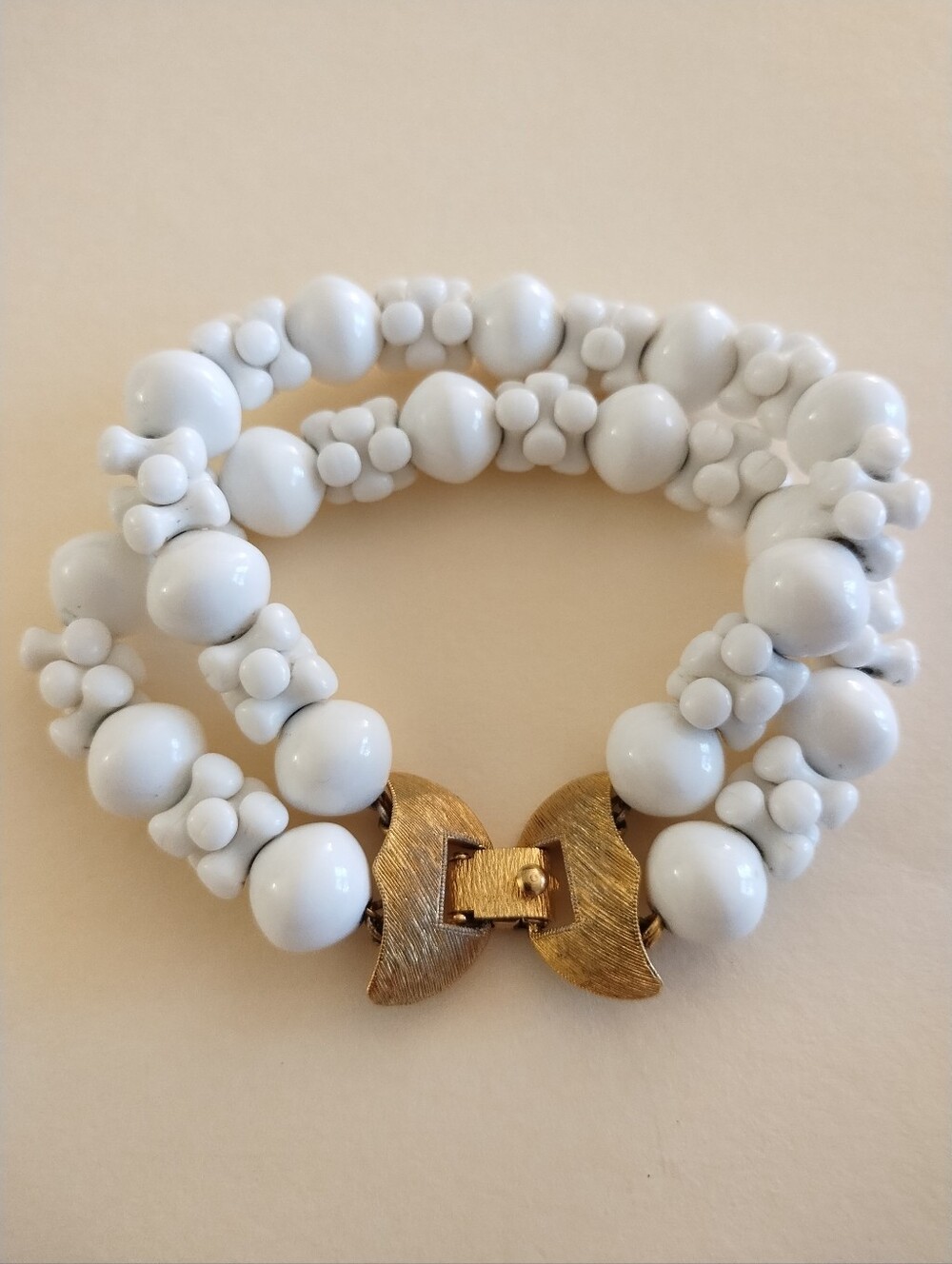 Vintage Monet White Beaded Two-Strand Bracelet Costume Jewelry